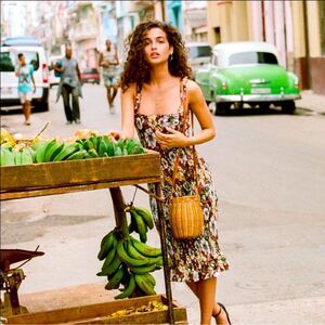 Faithfull The Brand Anthropologie Maya Midi Smocked Dress Brown Floral Sz 2